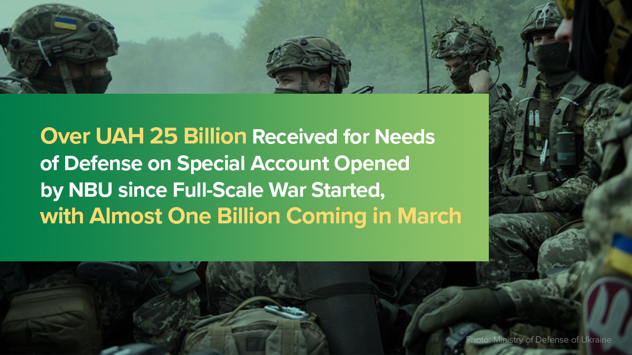 Over UAH 25 Billion Received for Needs of Defense on Special Account Opened by NBU since Full-Scale War Started, with Almost One Billion Coming in March