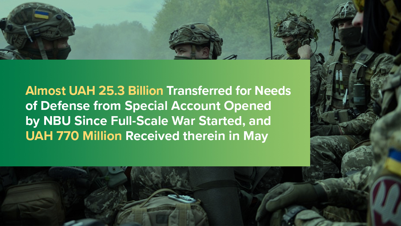 Almost UAH 25.3 Billion Transferred for Needs of Defense from Special Account Opened by NBU Since Full-Scale War Started, and UAH 770 Million Received therein in May