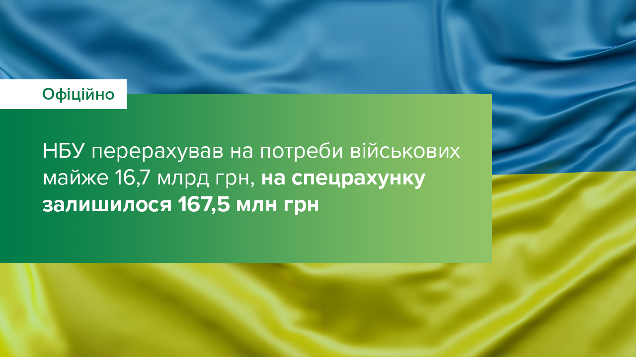 НБУ перерахував на потреби військових майже 16,7 млрд грн, на спецрахунку залишилося 167,5 млн грн