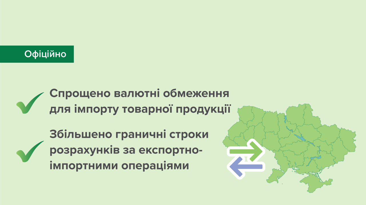 Спрощено валютні обмеження для імпорту товарної продукції та збільшено граничні строки розрахунків за експортно-імпортними операціями