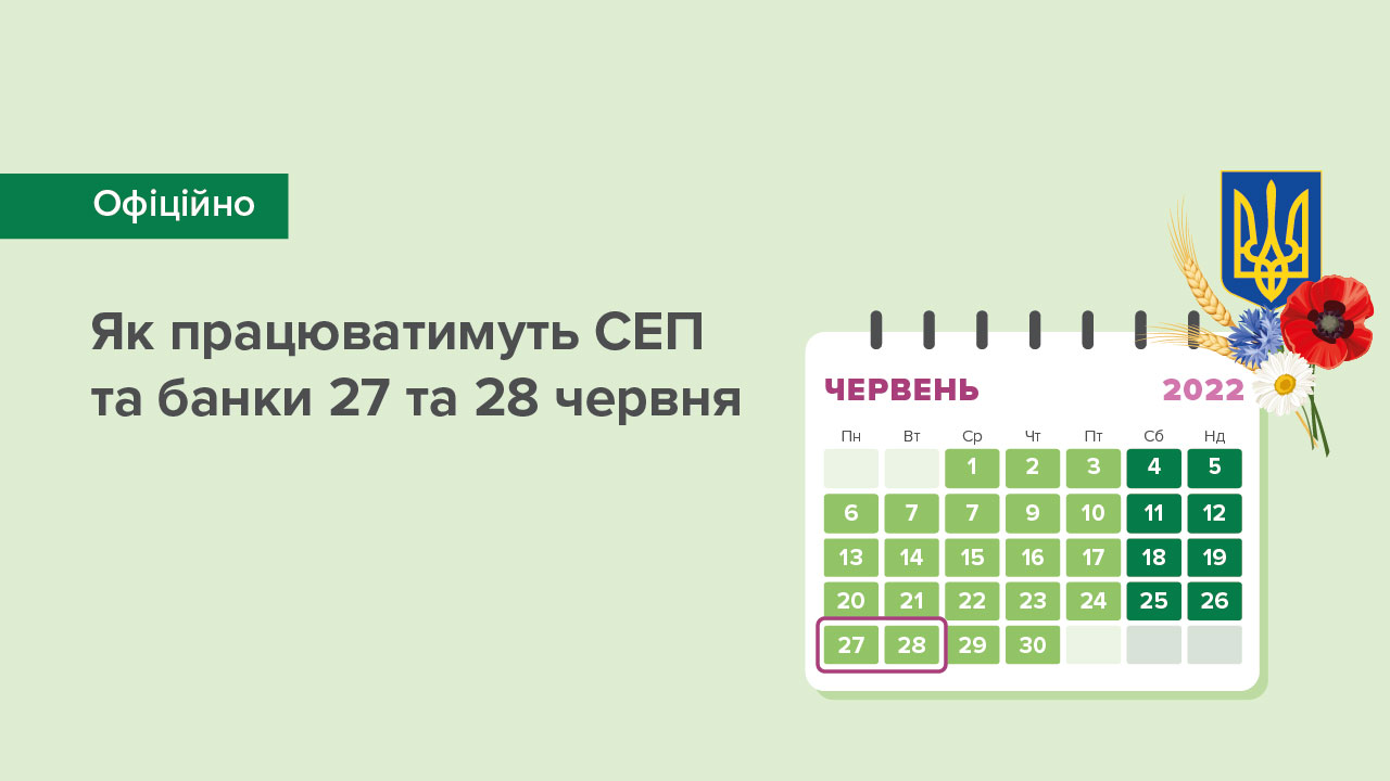 27 та 28 червня 2022 року – робочі дні для банківської системи України