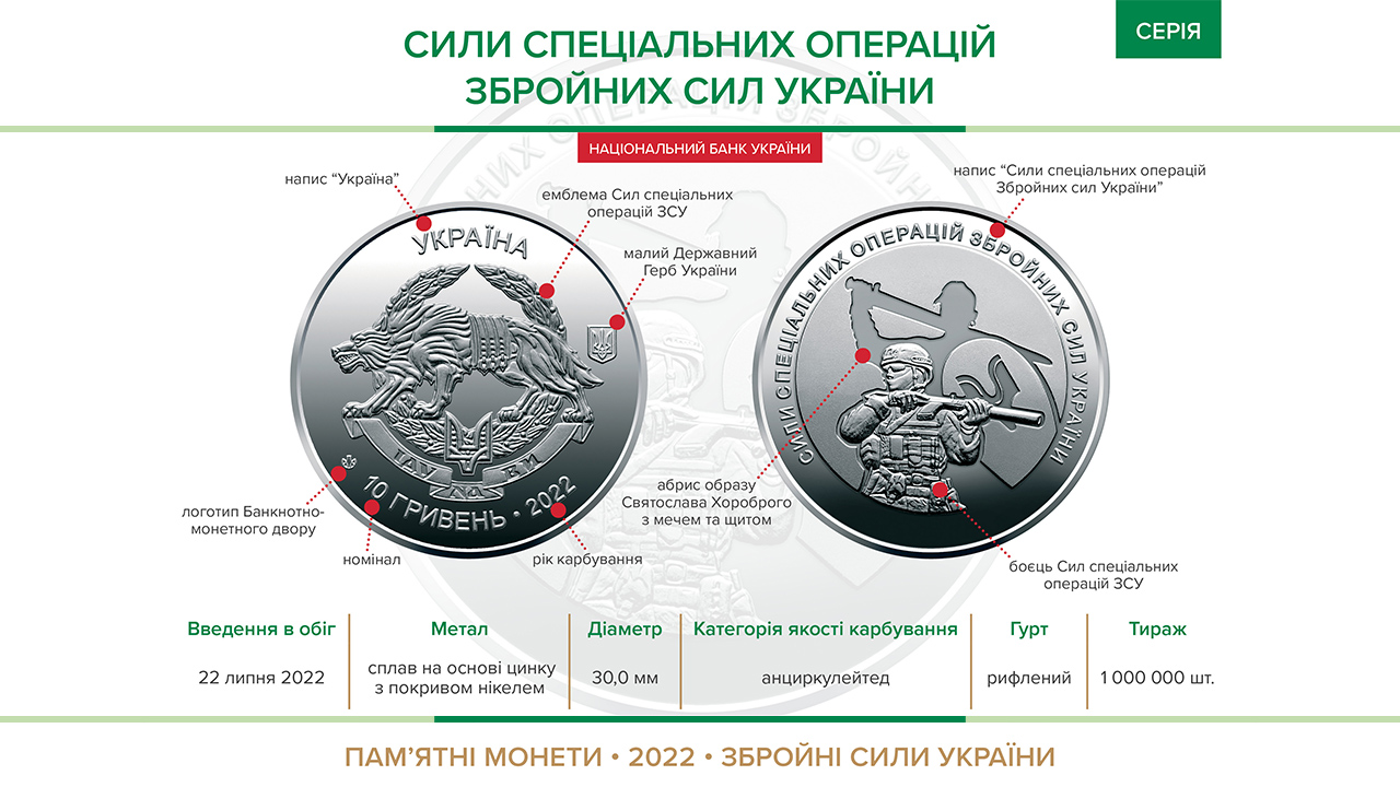Пам’ятна монета "Сили спеціальних операцій Збройних Сил України" уведена в обіг із 22 липня 2022 року