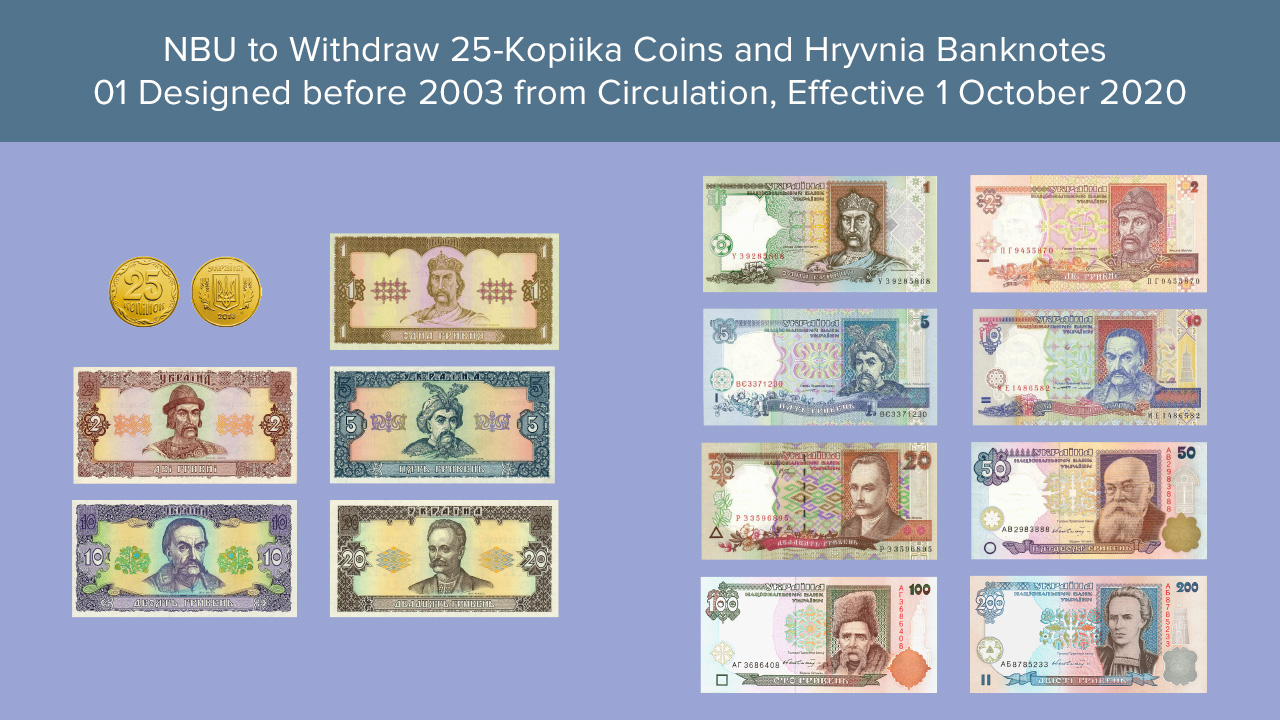 NBU to Withdraw 25-Kopiika Coins and Hryvnia Banknotes 01Designed before 2003 from Circulation, Effective 1 October 2020