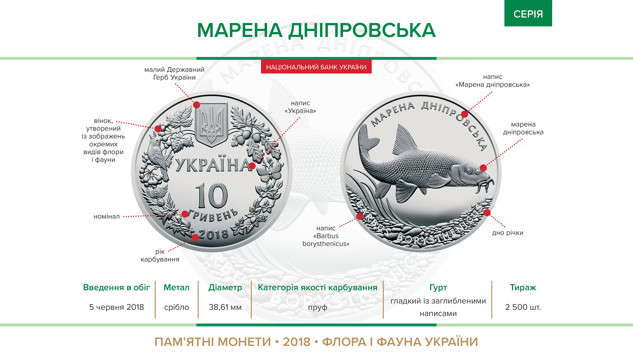 Пам'ятна монета "Марена дніпровська" (срібло) вводиться в обіг з 05 червня 2018 року