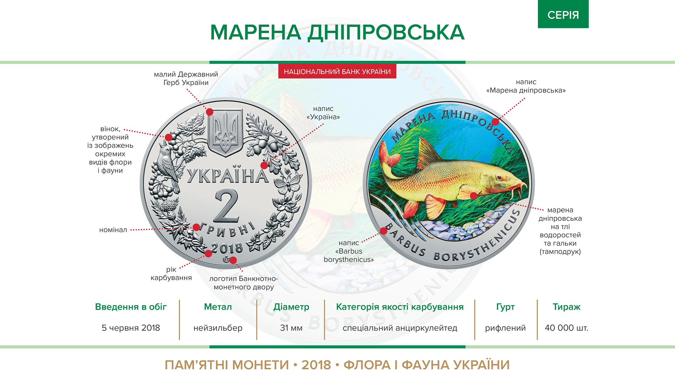Пам'ятна монета "Марена дніпровська" (нейзильбер) вводиться в обіг з 05 червня 2018 року