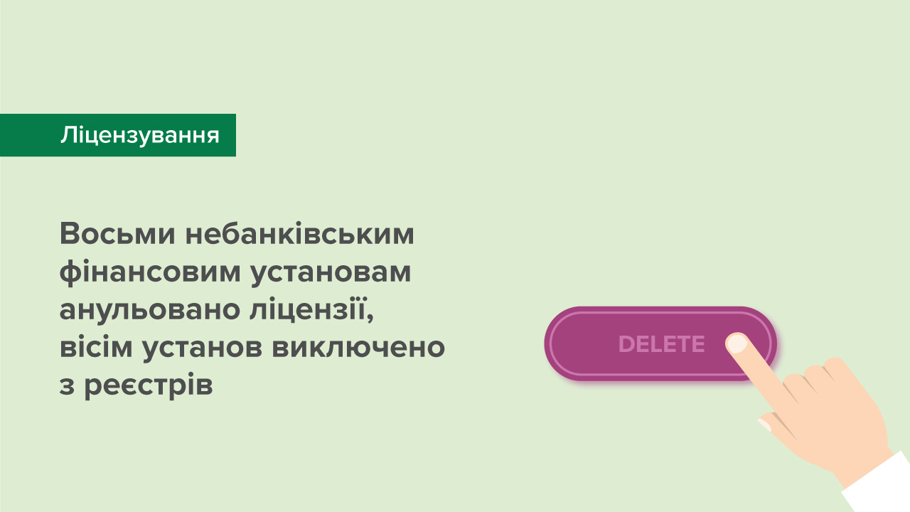 Восьми небанківським фінансовим установам анульовано ліцензії, вісім установ виключено з реєстрів